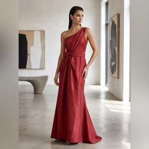 Priscilla of Boston One-Shoulder Crimson Evening Gown with Waist Bow